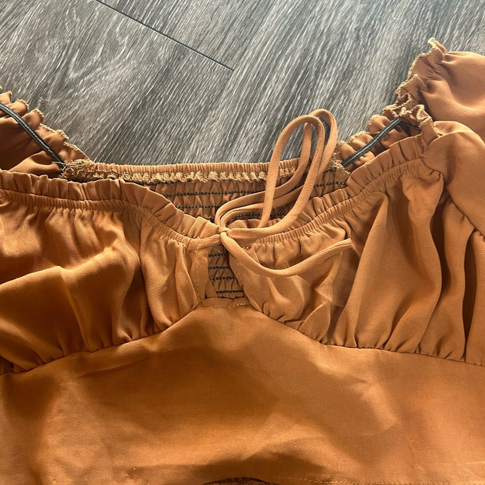 Brown Peasant Crop Top Blouse